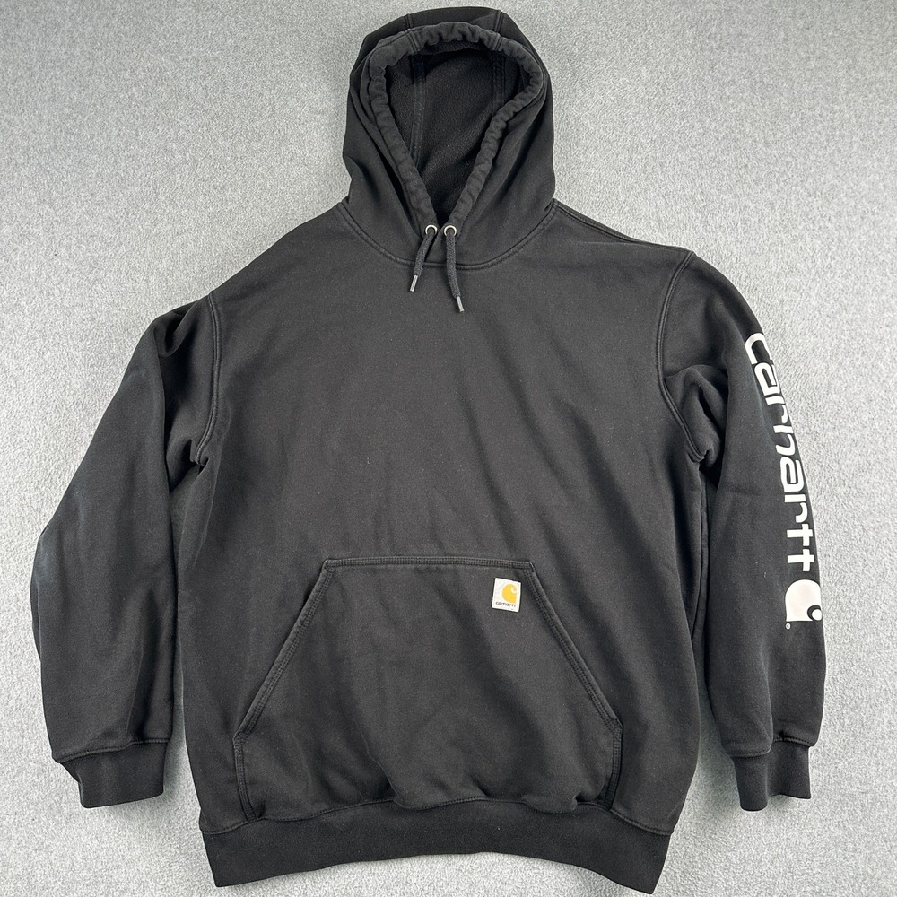 Carhartt Hoodie Mens XL Black Loose Fit Graphic‎ Sleeve Logo Pullover Sweatshirt